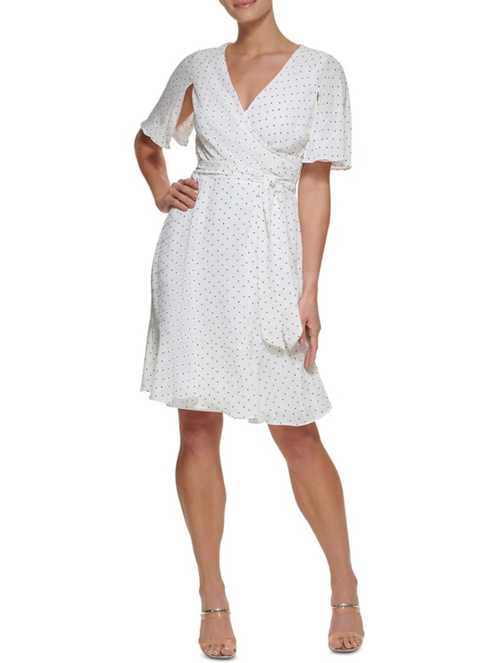 DKNY White Polka Dot Belted Wrap Knee Midi Dress Size 2